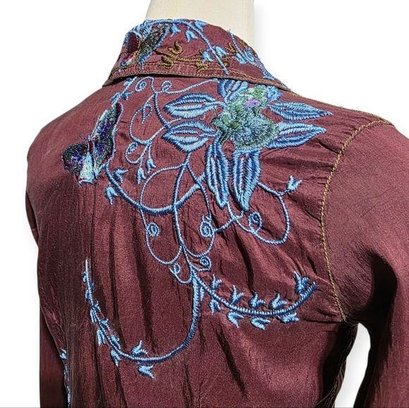Y2K VINTAGE JOHNNY WAS SILK EMBROIDERED BUTTERFLY BUTTON FLY BLOUSE SZ S - Picture 7 of 10